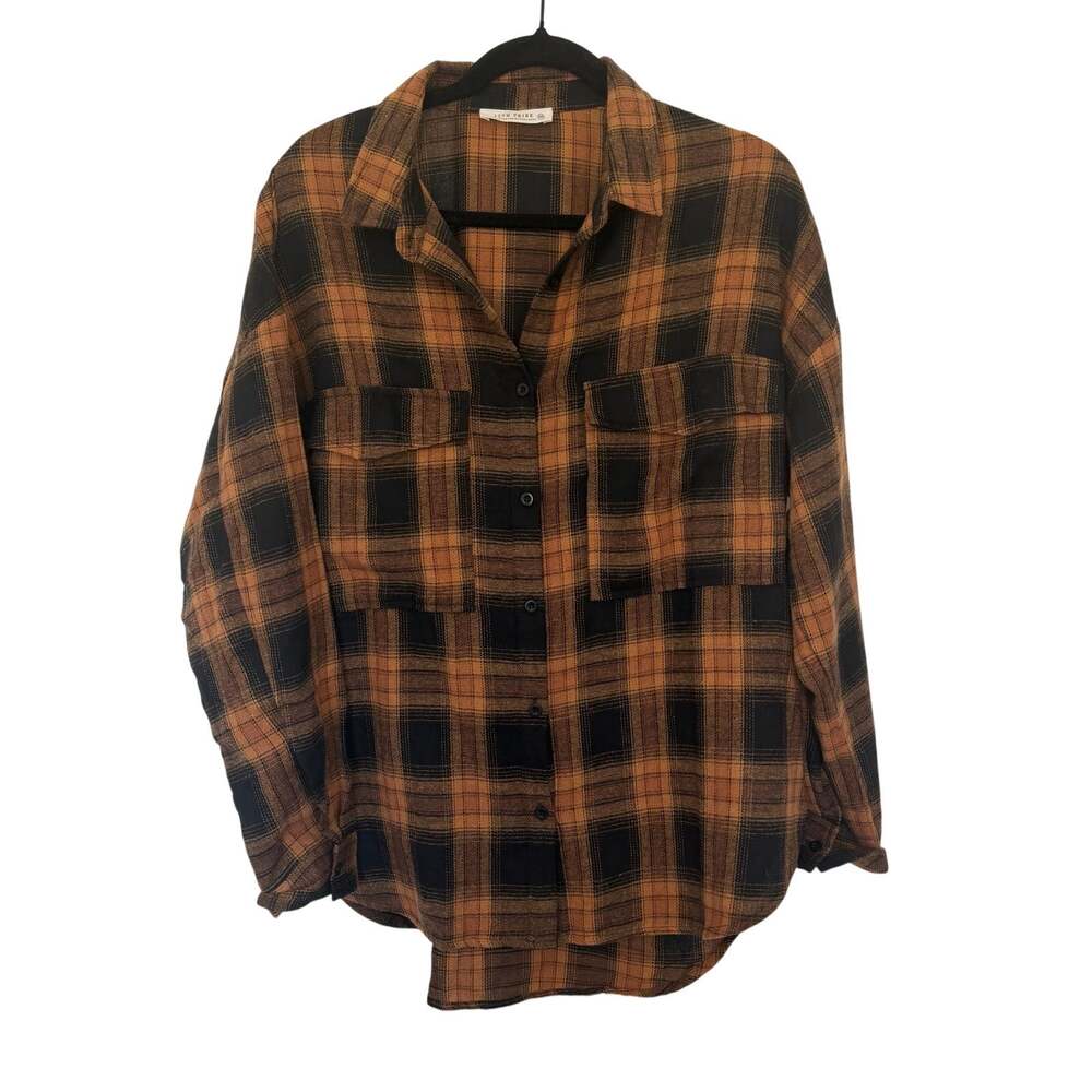 12th Tribe (OS) Fireside Plaid Flannel Oversized Orange Brown Black Shacket